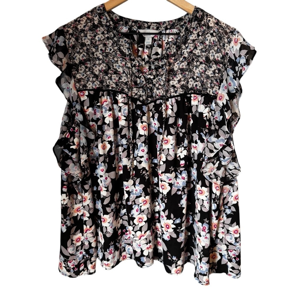 Belle & Sky Black Floral Flutter Cap Sleeved Peasant Top Blouse Size Xl